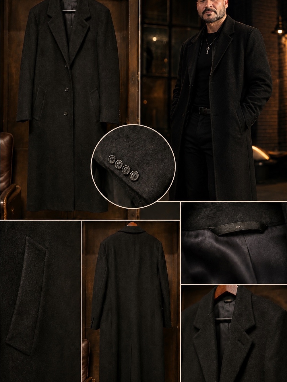 Hastings Men's Black Long Wool Pea Coat - Classic Tailored Overcoat